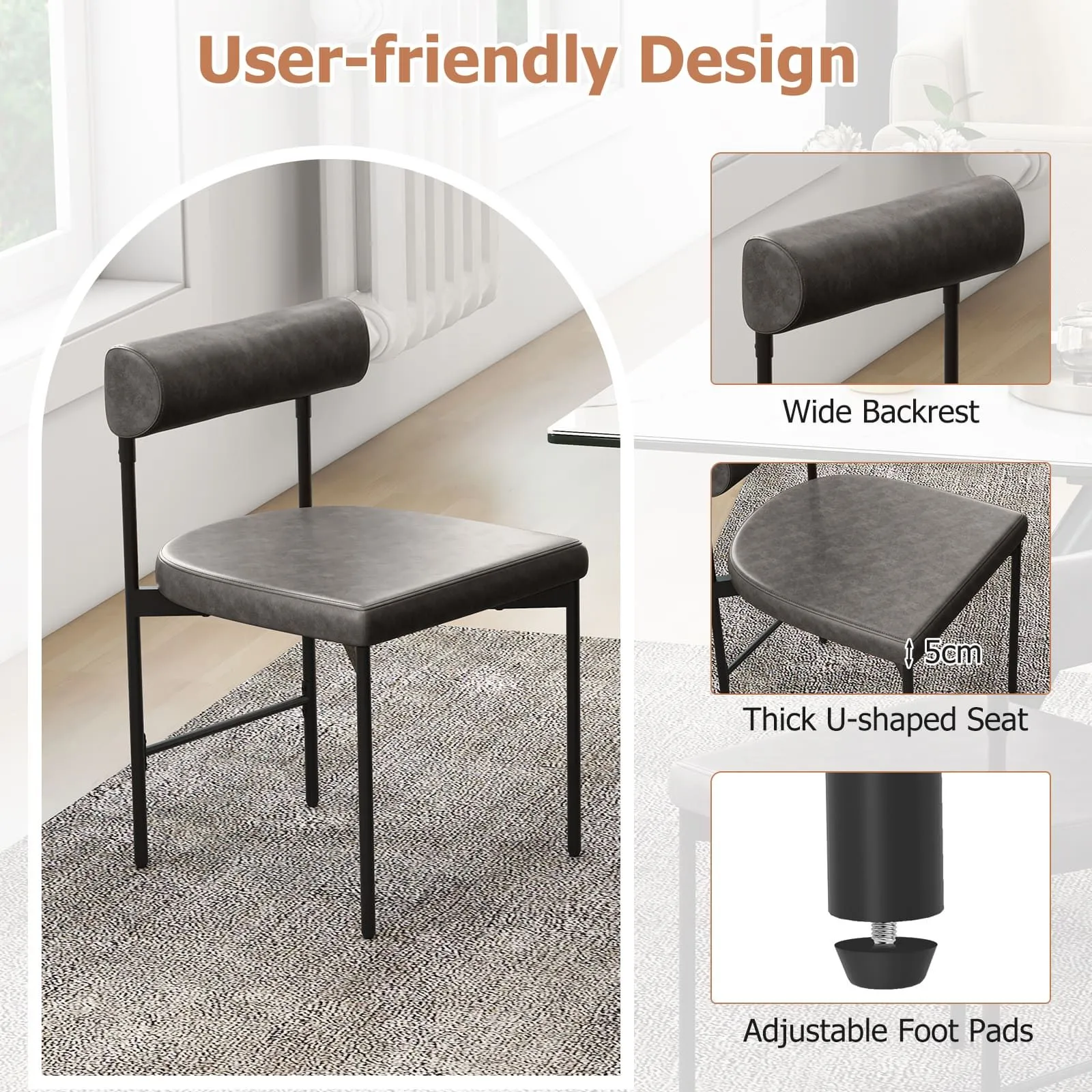 Costway Dining Chair Set of 2 Faux Leather Upholstered Kitchen Side Chair in Grey 3