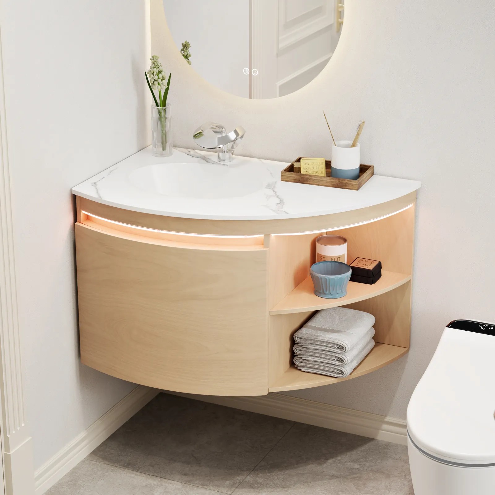90 cm Corner Bathroom Vanity with Storage & LED Sensor Light