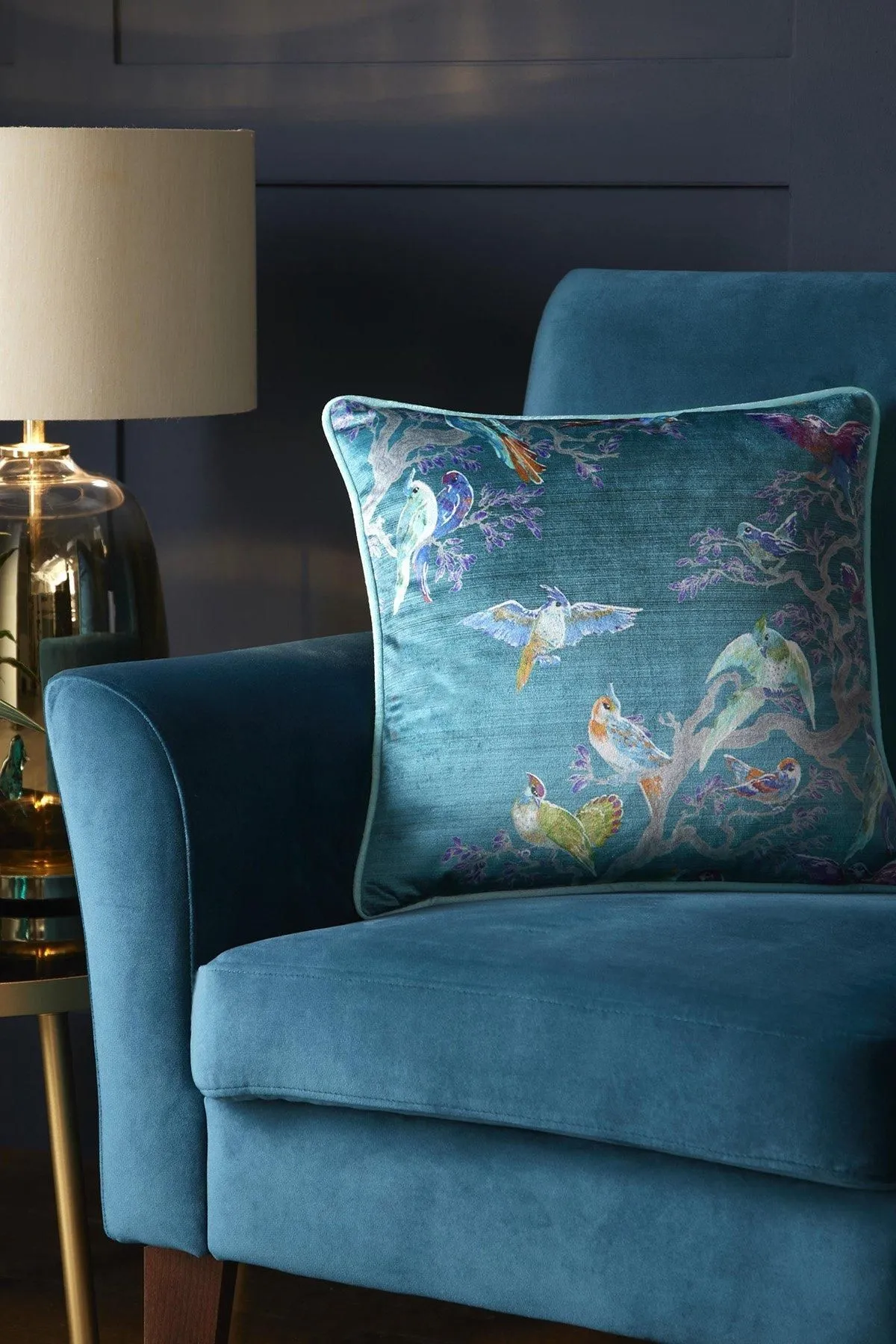 Laurence Llewelyn-Bowen 'Birdity Absurdity' Soft Touch Velvet Filled Cushion in Blue 2