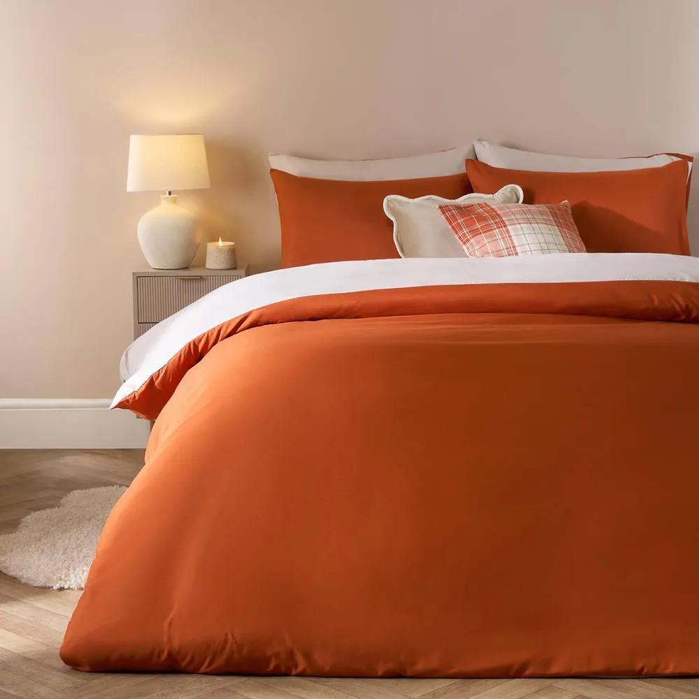 OHS Plain Reversible Duvet Cover With Pillowcase Set in Burnt Orange