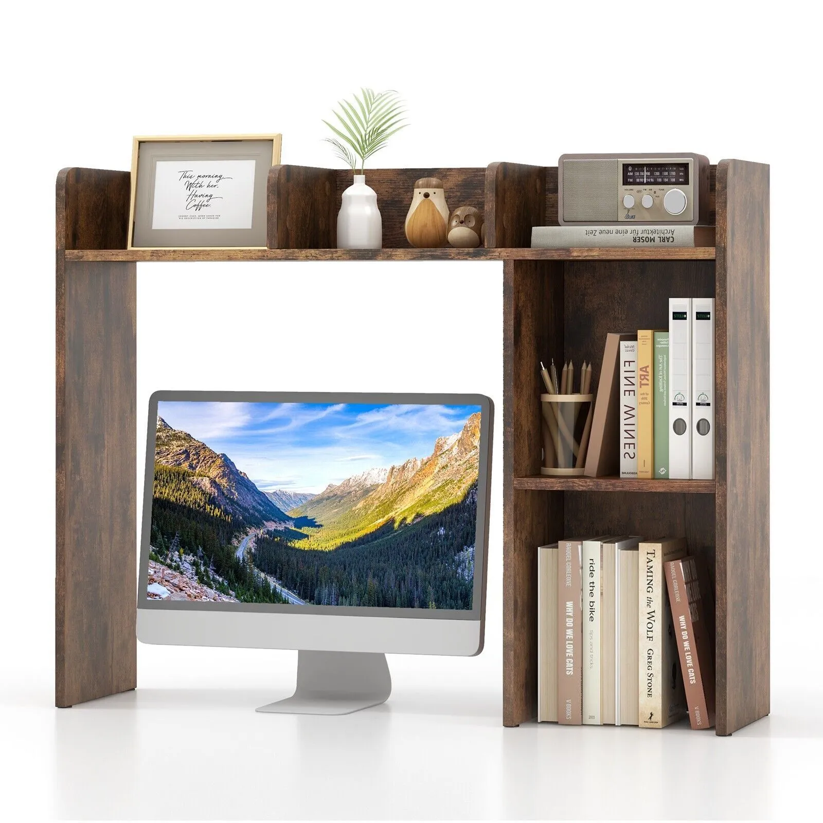 Costway 3-Tier Desk Bookshelf Wooden Home Display Shelf Multipurpose Storage Organizer in Brown