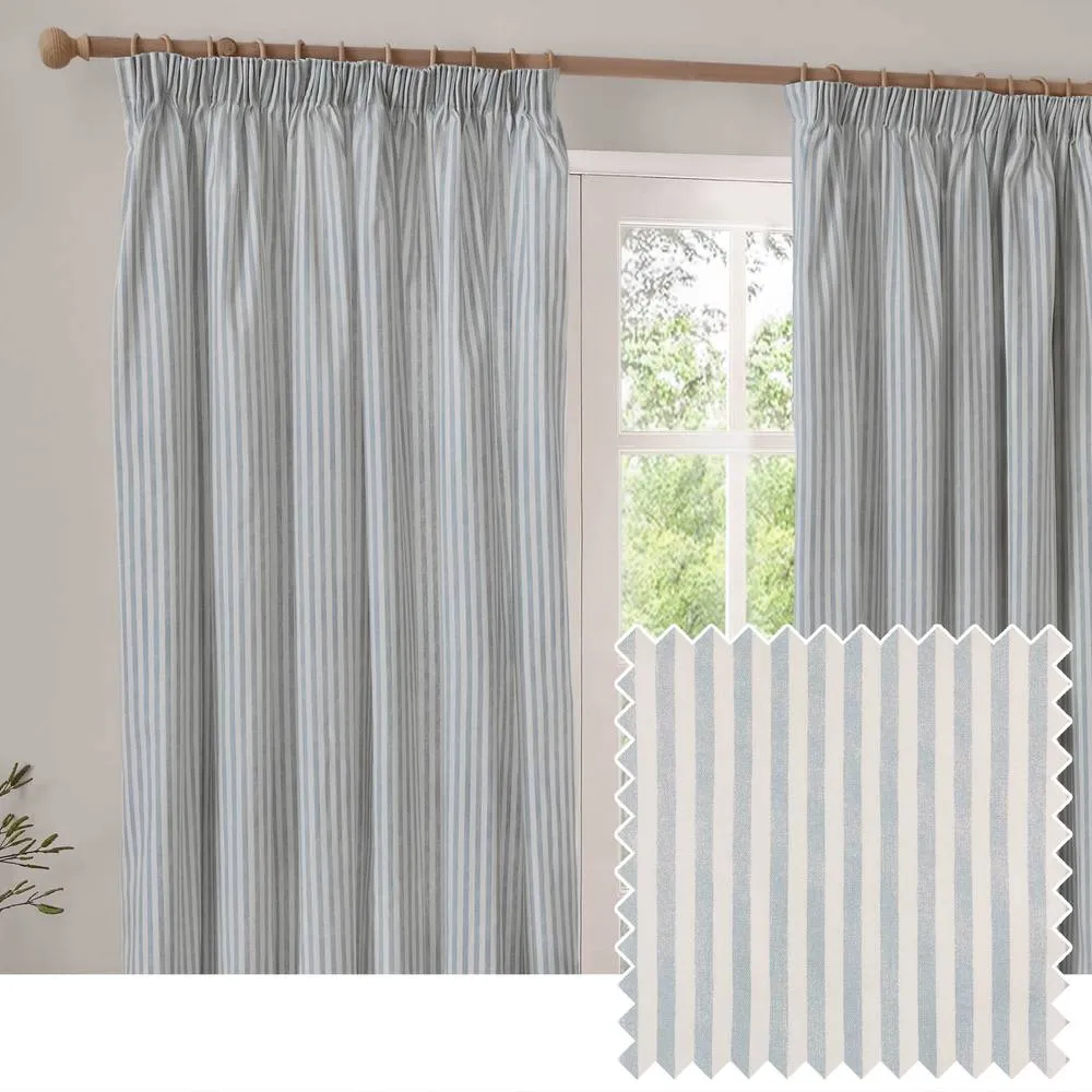 Yard Hebden Striped 100% Cotton Lined Pencil Pleat Curtain Pair in Pale Blue 1