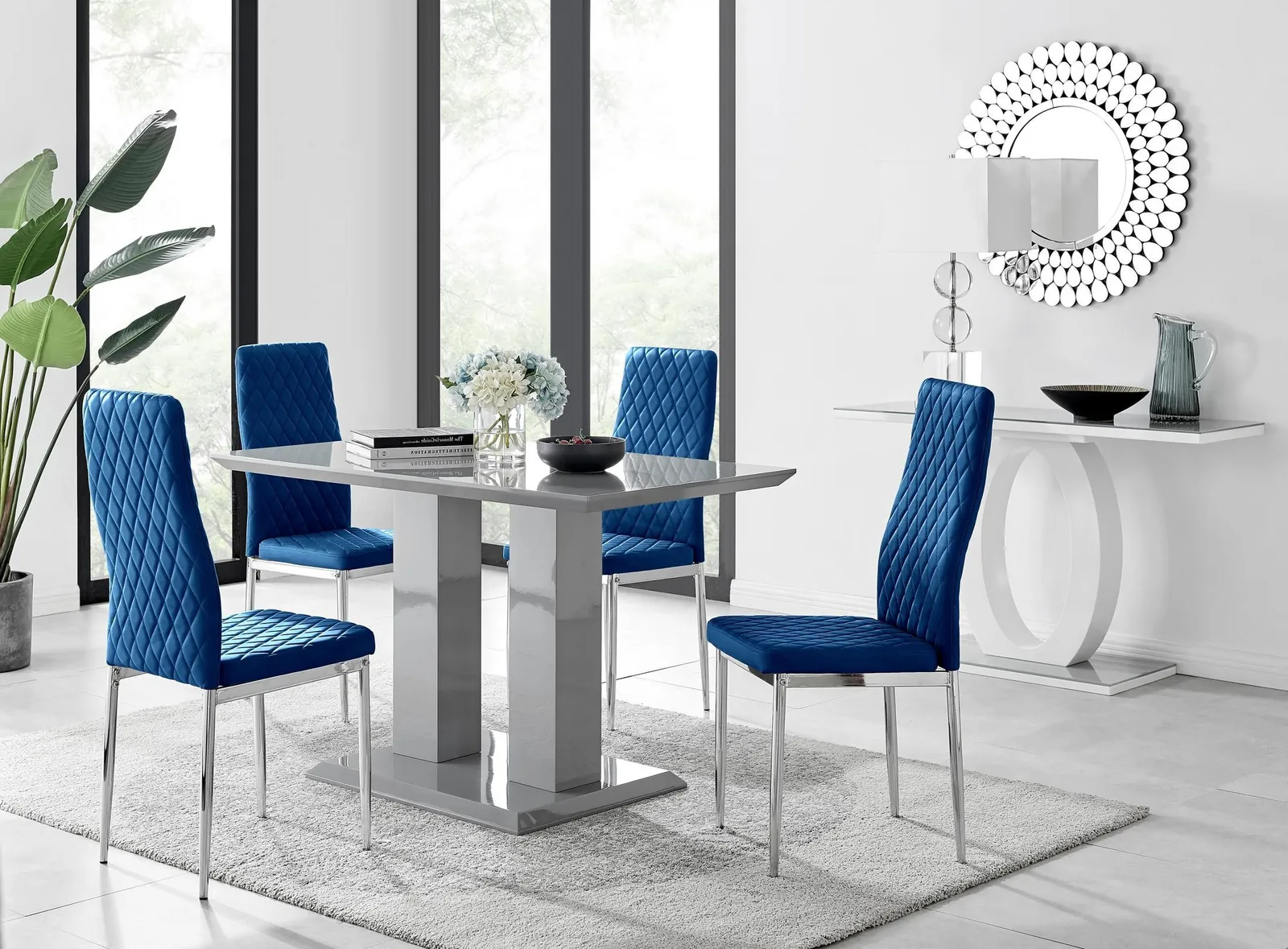 FurnitureboxUK Imperia Grey High Gloss 4 Seater Dining Table with Structural 2 Plinth Column Legs 4 Soft Velvet Silver Leg Milan Chairs in Navy 1
