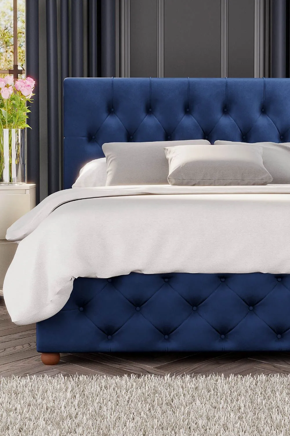 Laurence Llewelyn-Bowen Luna Ottoman Storage Bed in Plush Velvet Fabric, Custom Made in Navy 4