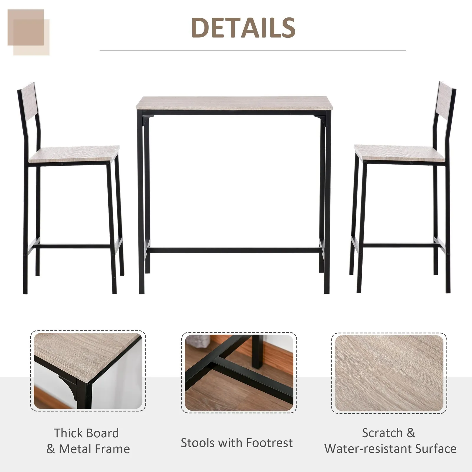 HOMCOM 3 Pieces Table Stool Set Industrial Design Metal Frame MDF Panels in Light Brown 4
