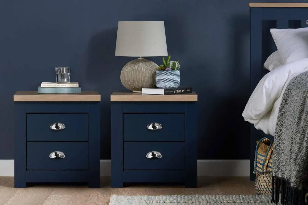 Birlea Pair of Bedside Cabinet Highgate 2 Drawer Chest Farmhouse Style Navy in Blue