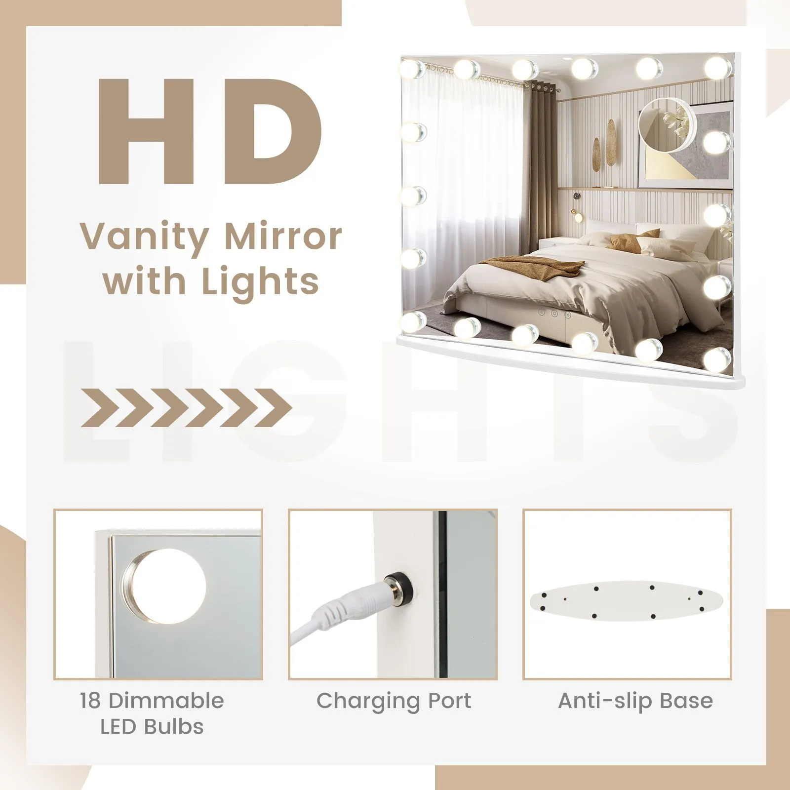 Costway Vanity Mirror with Lights Hollywood Lighted Mirror w/ 3 Color Lighting Modes in White 6