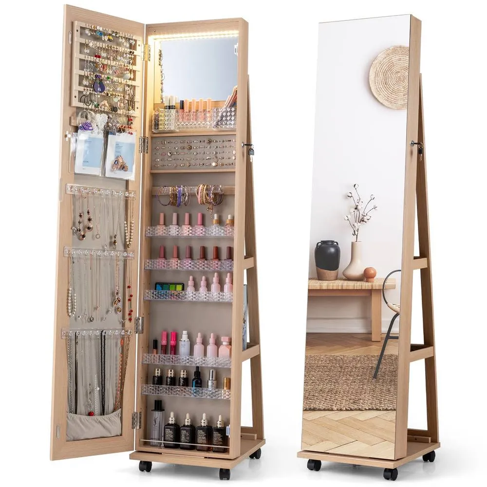 Costway 3-in-1 Jewelry Cabinet 360° Swivel Mirror Jewelry Armoire in Natural 3