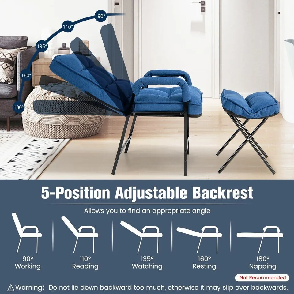 Costway Modern Accent Chair Linen Fabric Upholstered Single Sofa Chair w/Ottoman in Blue 4