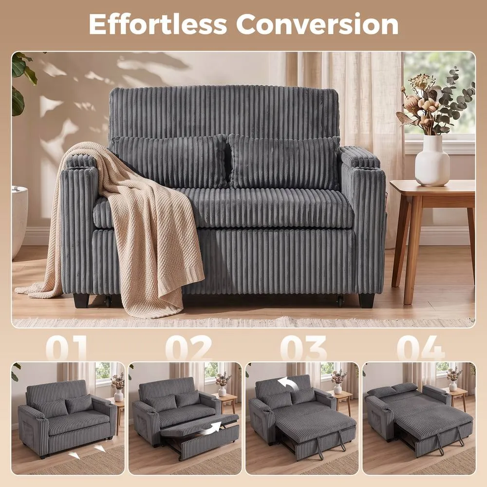 HOMCOM 2 Seater Sofa Bed, 3-in-1 Corduroy Pull Out Sleeper Sofa, Dark Grey 4
