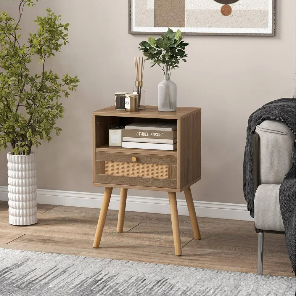 Costway Rattan Nightstand Boho End Table Drawer Shelf-Natural in Brown
