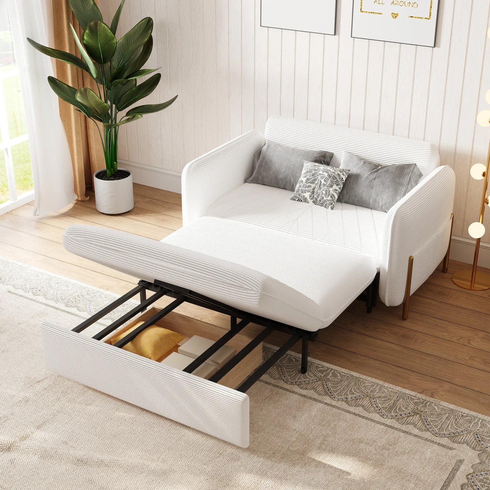 1360mm Full Sleeper Sofa White Corduroy Upholstered Convertible Sofa