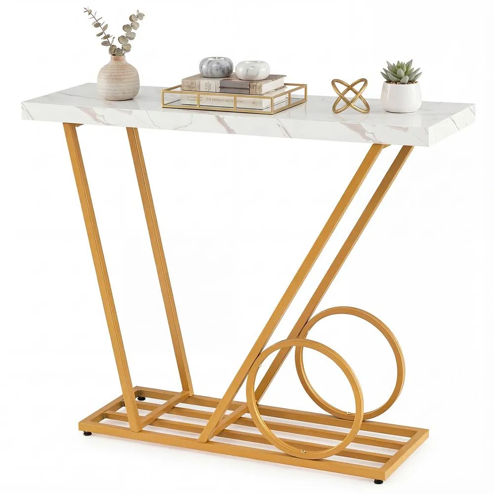 Costway 100CM Modern Console Table Faux Marble Entryway Table Sofa Side Table in White 6
