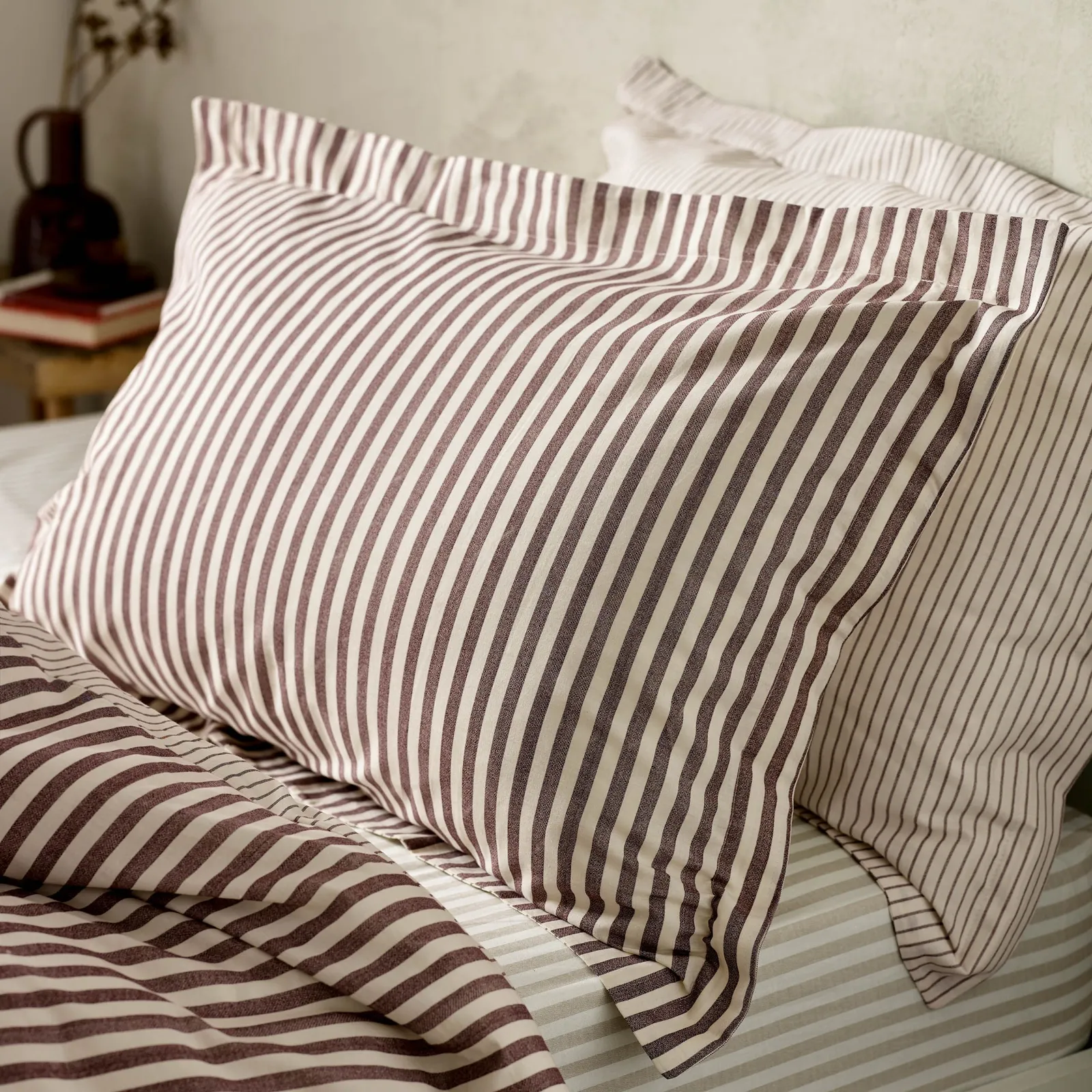 Yard Hebden Striped 100% Cotton Pillowcase Pair in Dark Red 1