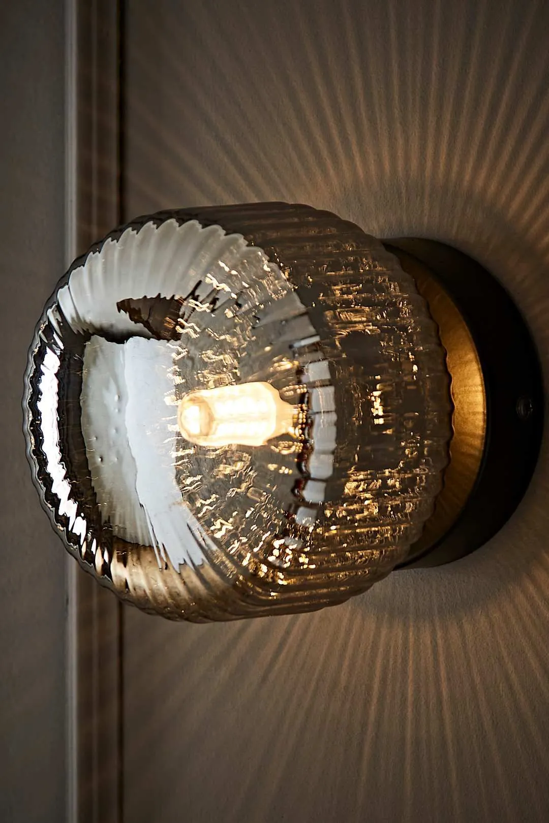 ValueLights Calpe Small Ribbed Glass Flush Ceiling Wall Light in Black