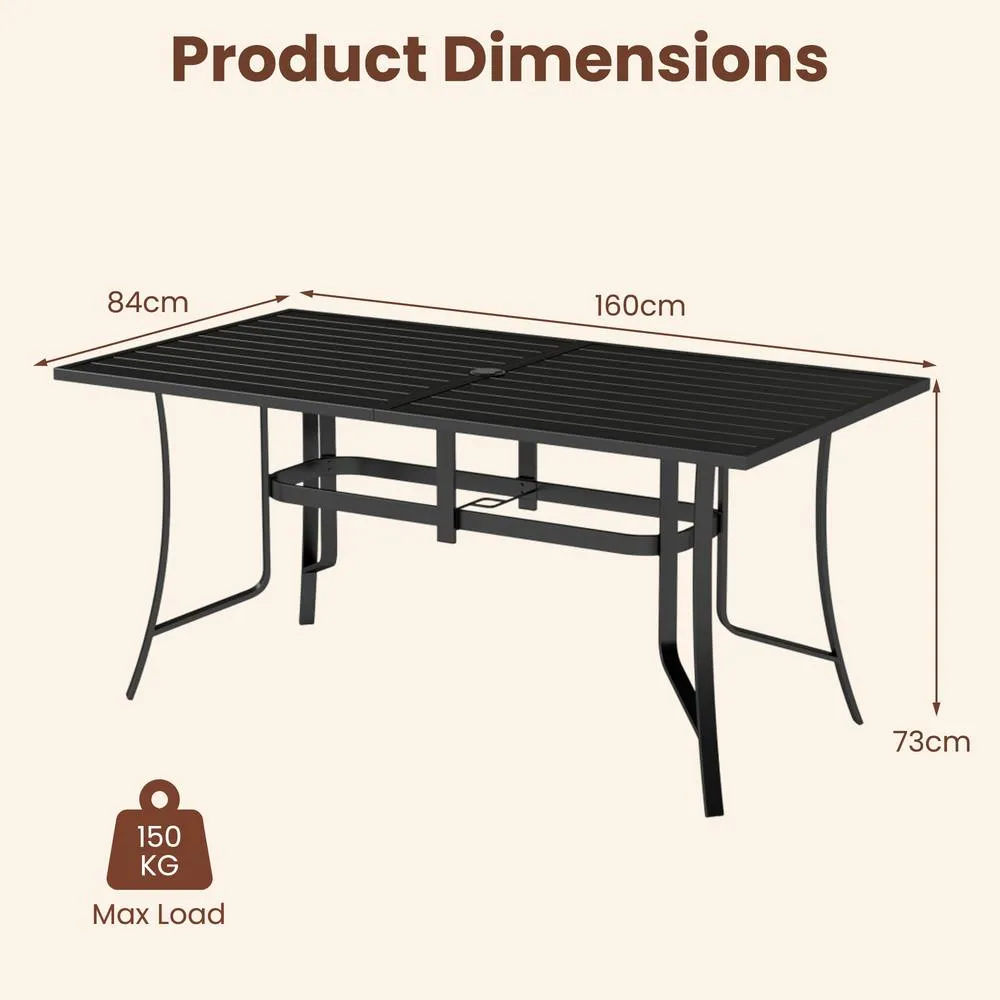 Costway 160 CM Patio Dining Table for 6 Rectangle Metal Table w/ Umbrella Hole in Black 2