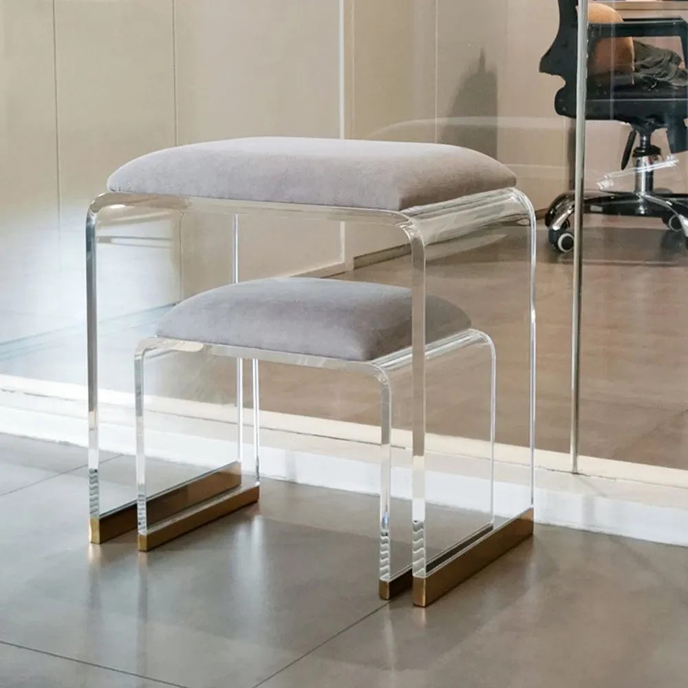 Velvet Upholstered and Acrylic Frame Dressing Table Stool Grey and Clear Ottoman