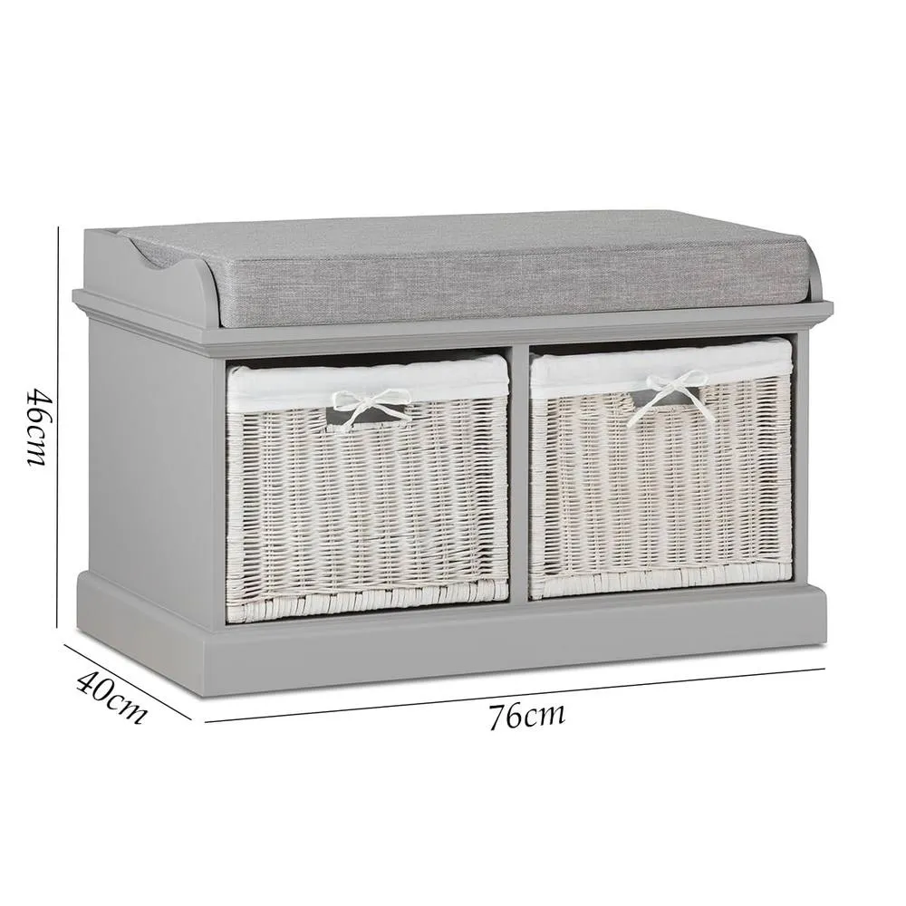 Statement Furniture Tetbury Bench with 2 White Wicker Baskets & Grey Cushion in Light Grey 2