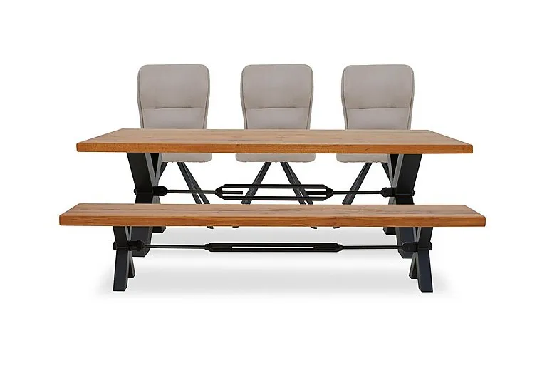 Terra Straight Edge Dining Table with Tension Bolt X-Leg, Bench and 3 Taupe Fabric Swivel Chairs - 220-cm
