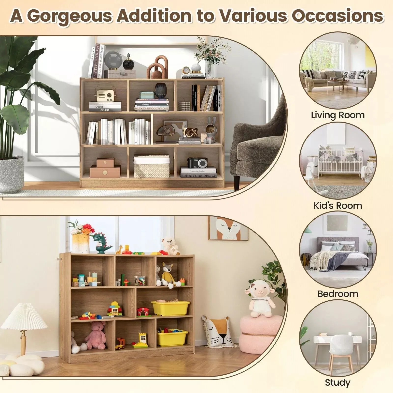 Costway Wood Storage Cube Bookcase 3 Tier 8 Cube Open Shelf Storage Cabinet in Natural 6