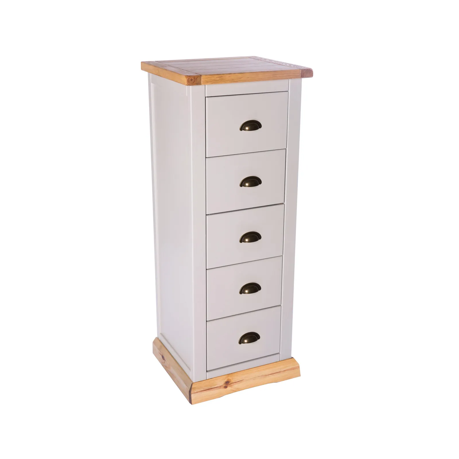 Cabinet Bits Bomporto 5 Drawer Narrow Chest of Drawers Brass Cup Handle in Light Grey 2