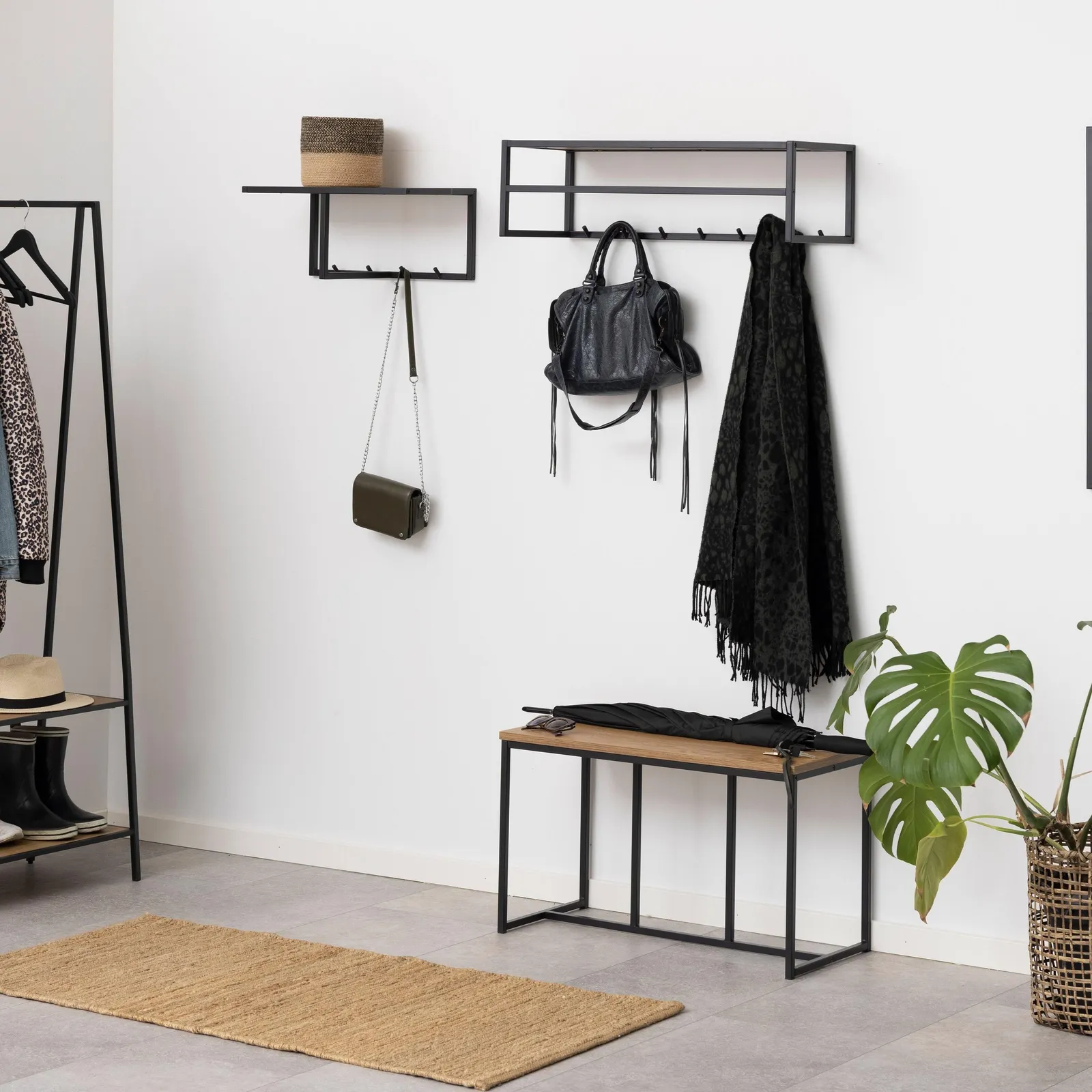 Furniture To Go Seaford Black Metal Coat Rack with Oak Top in Brown 3