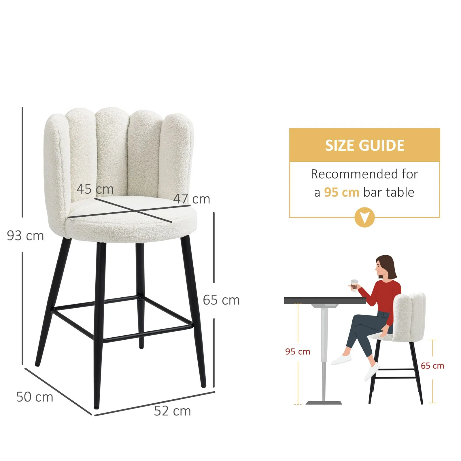 HOMCOM Fluffy Upholstered Breakfast Bar Stools Set of 2 with Back, Cream 3