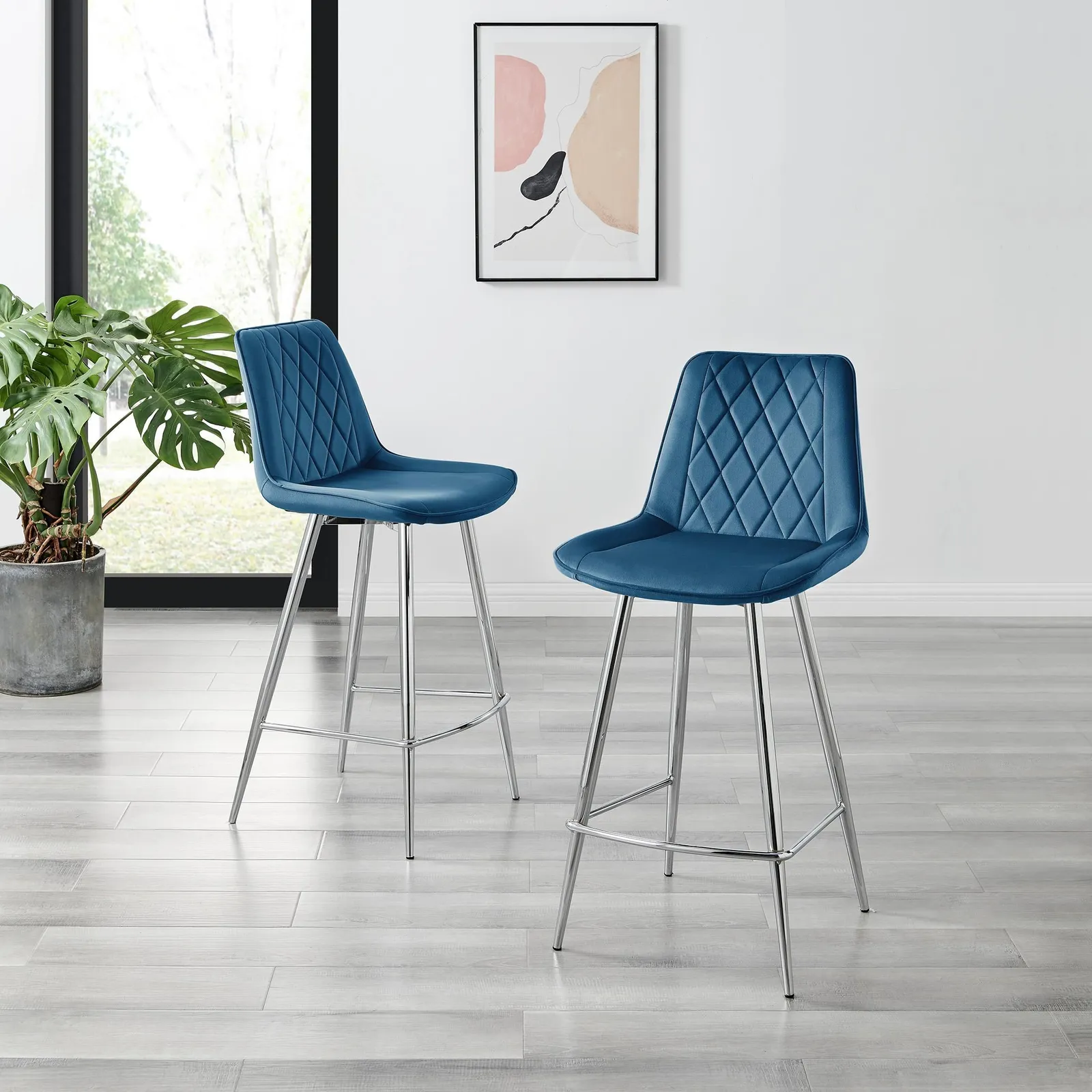 FurnitureboxUK Pesaro Set of 2 Velvet Silver Legs Counter Stools in Navy 2