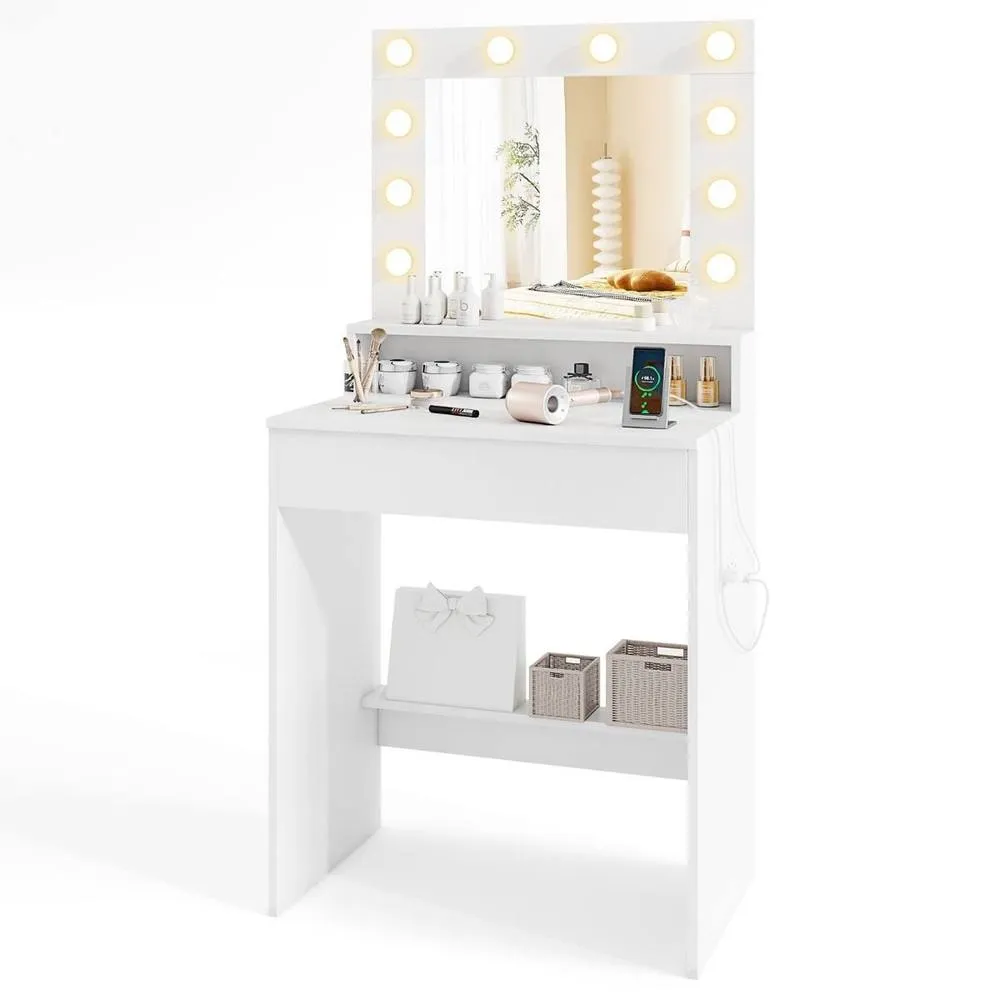 Costway Wooden Vanity Desk w/ Mirror & Lights Modern Dressing Table in White 2