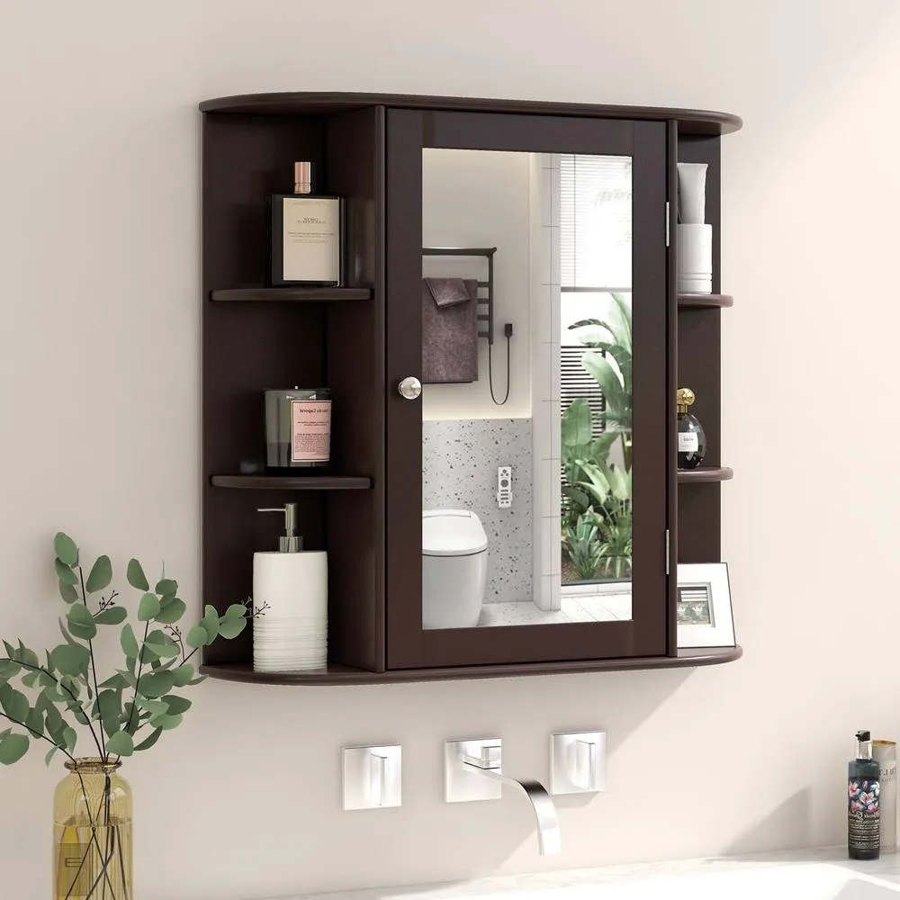 Costway Mirrored Bathroom Cabinet Wooden Hanging Cabinet-Brown in Brown 6