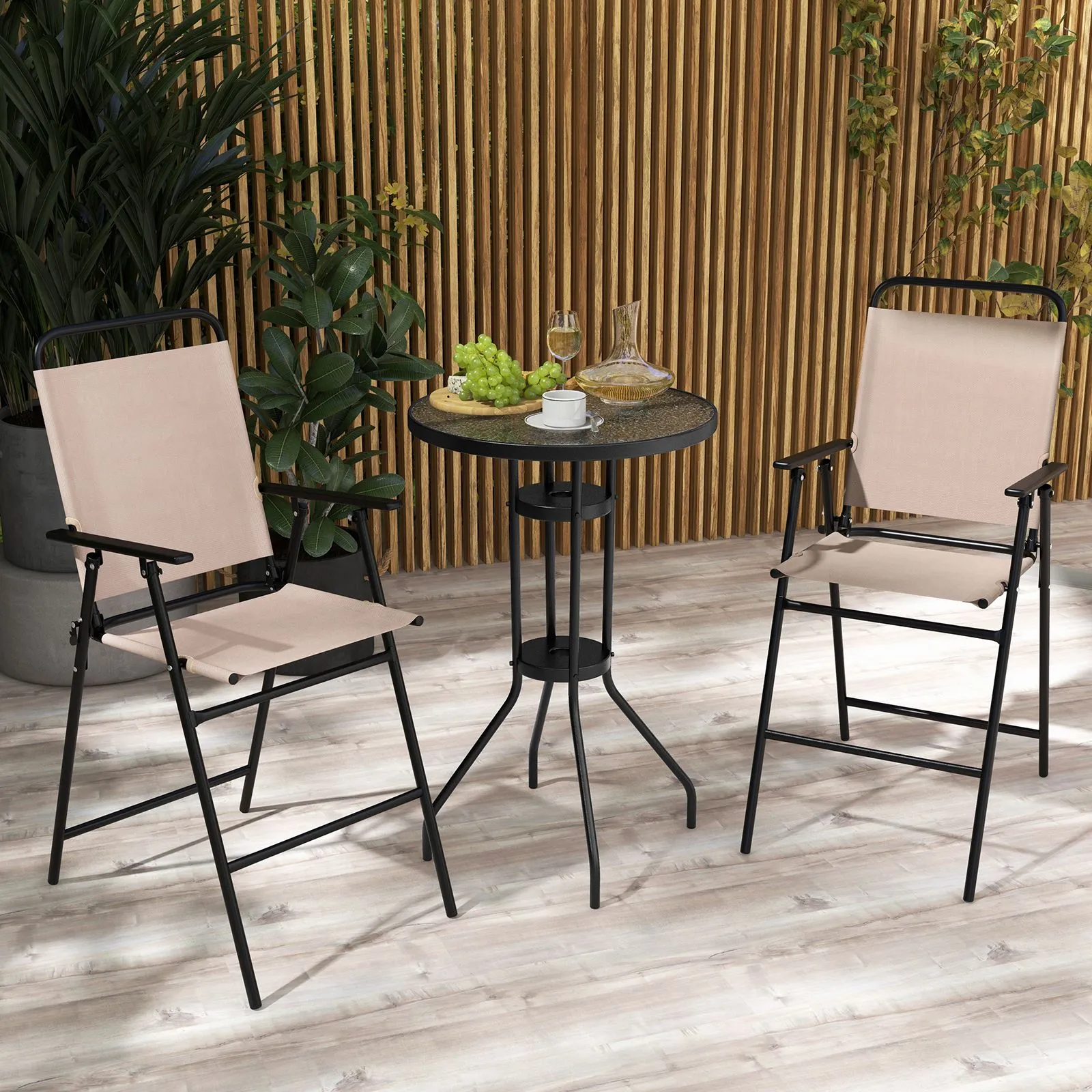 Costway 3 PCS Outdoor Folding Bistro Set Patio 2 Folding Chairs & Round Bar Table W/ 4 cm Umbrella Hole in Beige 4