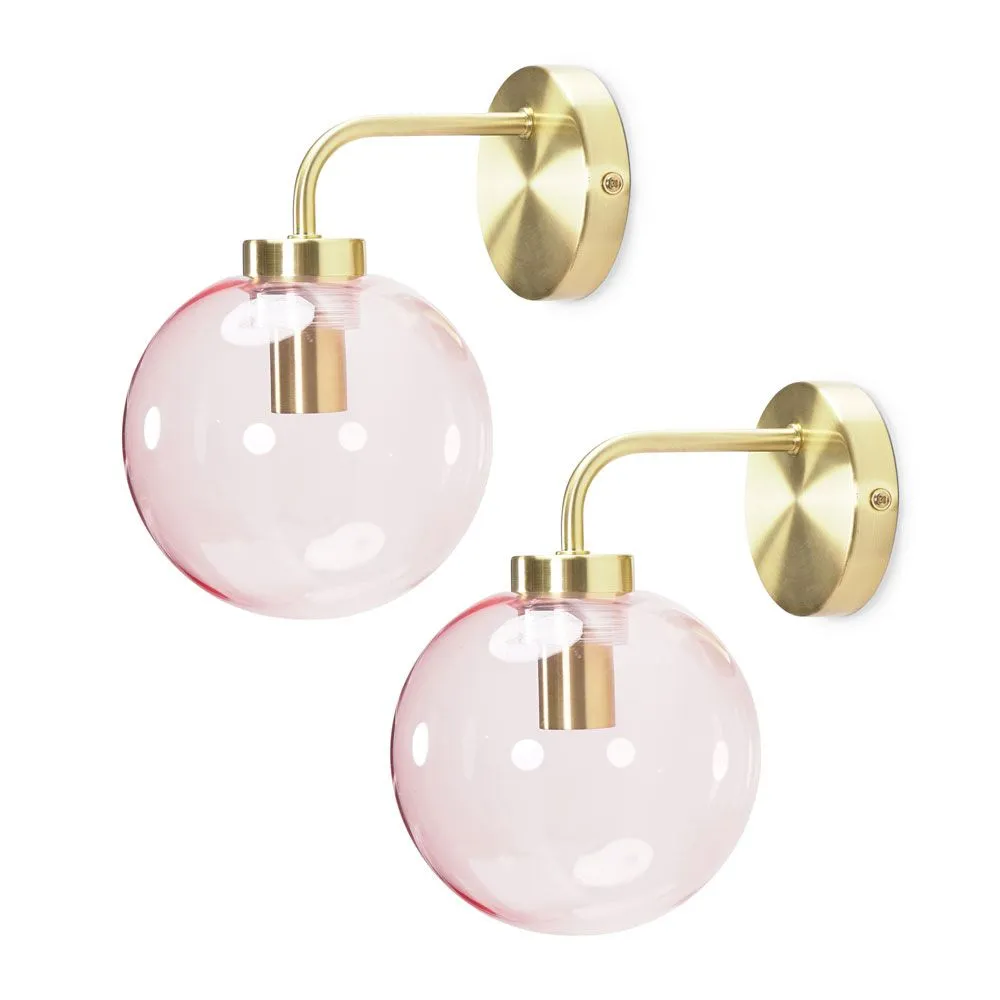 ValueLights Frenchie Pair of Pink Tinted Glass Globe Single Gold Stem Wall Lights 2
