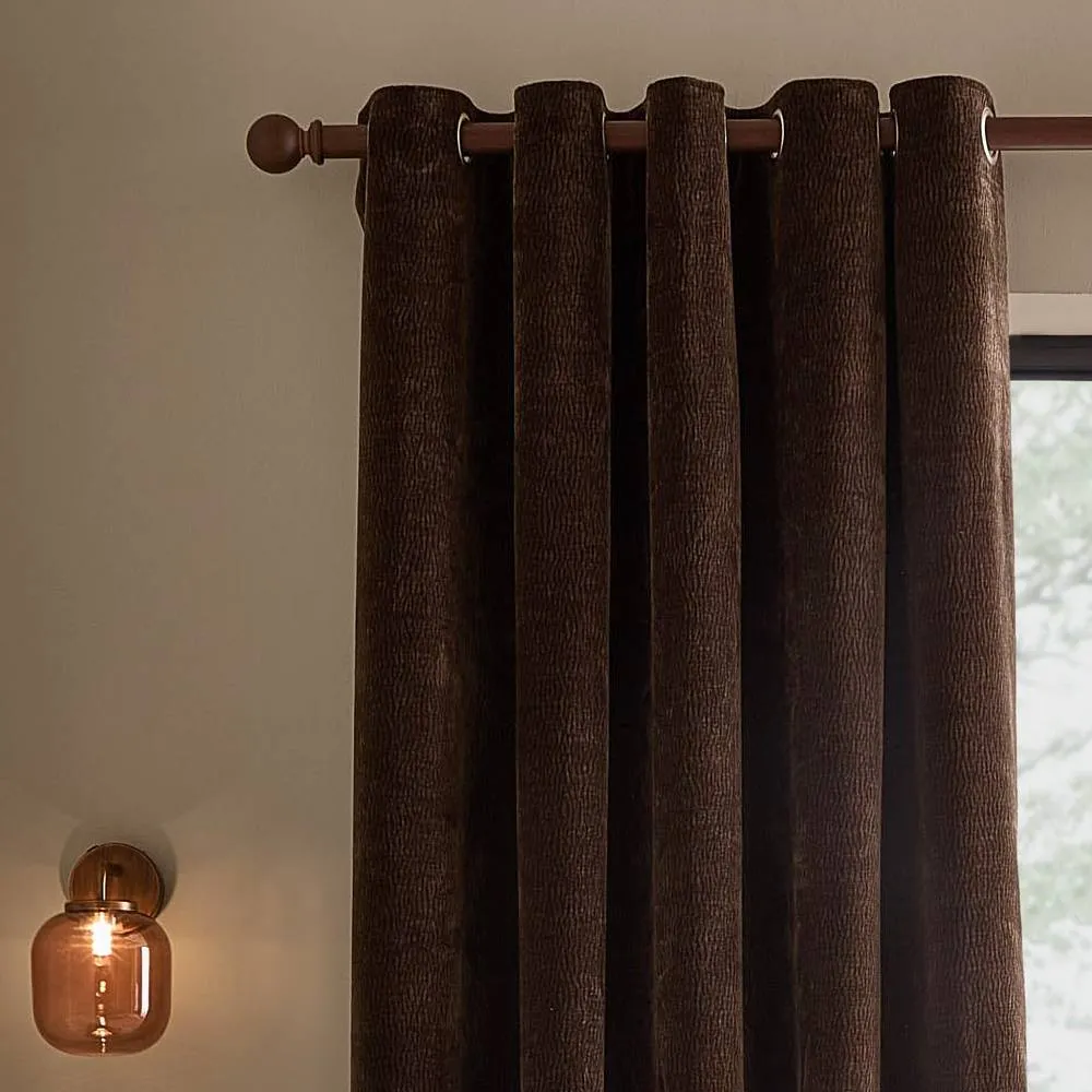 Yard Heath Washed Velvet Fully Lined Eyelet Curtain Pair in Brown 3