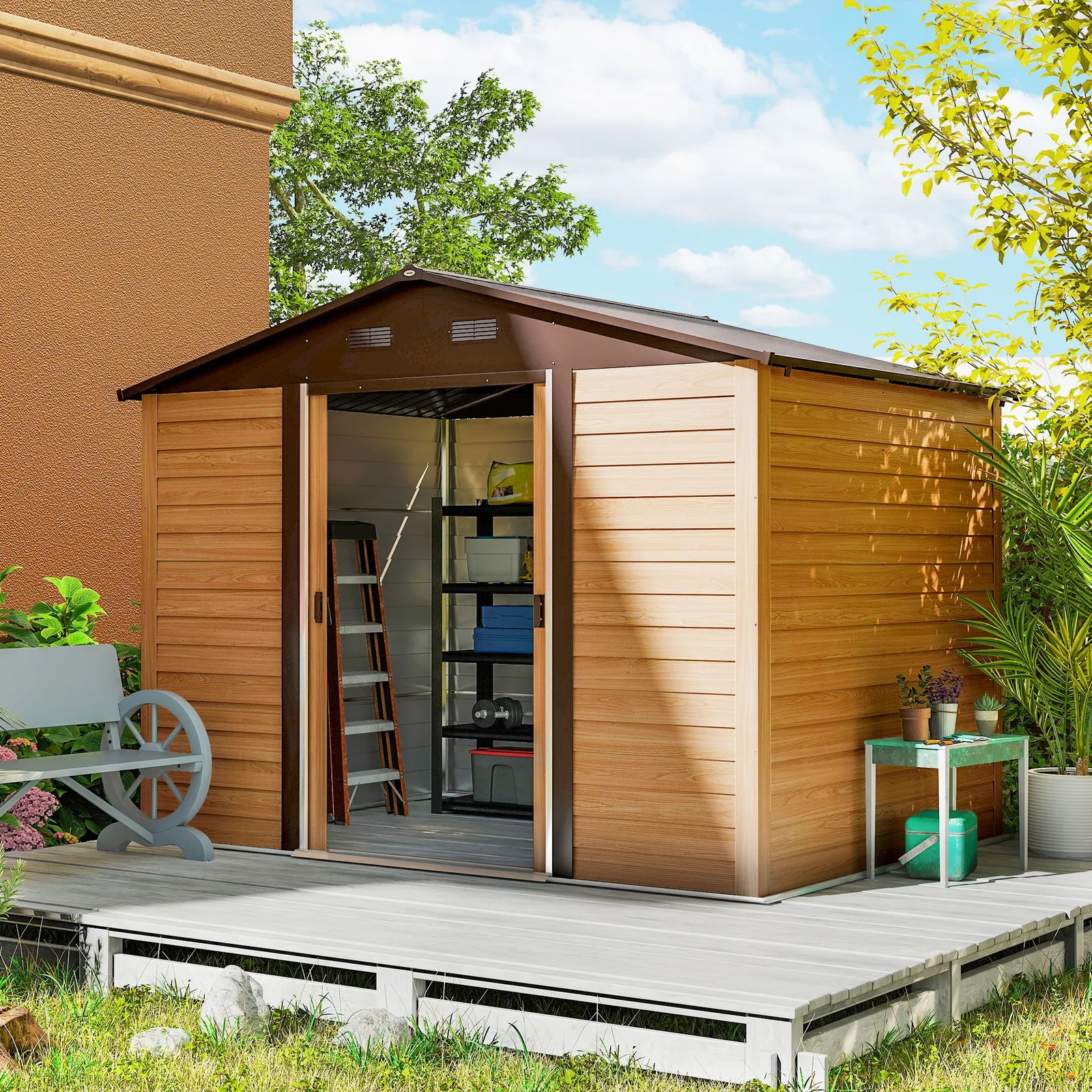 OUTSUNNY 9 x 6ft Garden Shed Wood Effect Tool Storage Sliding Door Wood Grain in Brown