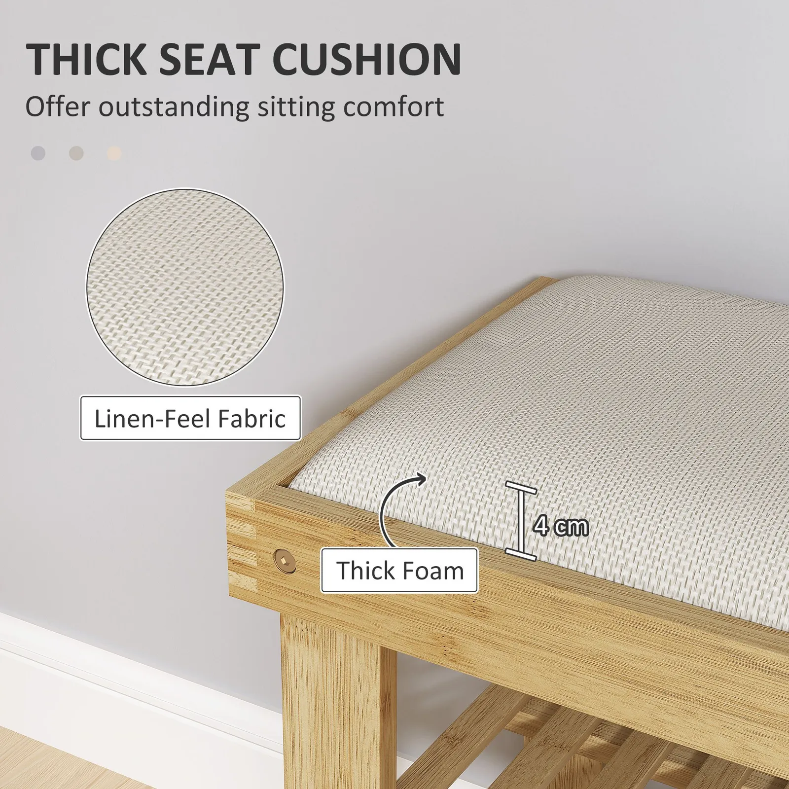HOMCOM 3-Tier Shoe Storage Bench, Bamboo Shoe Rack for Entryway, Cream 4