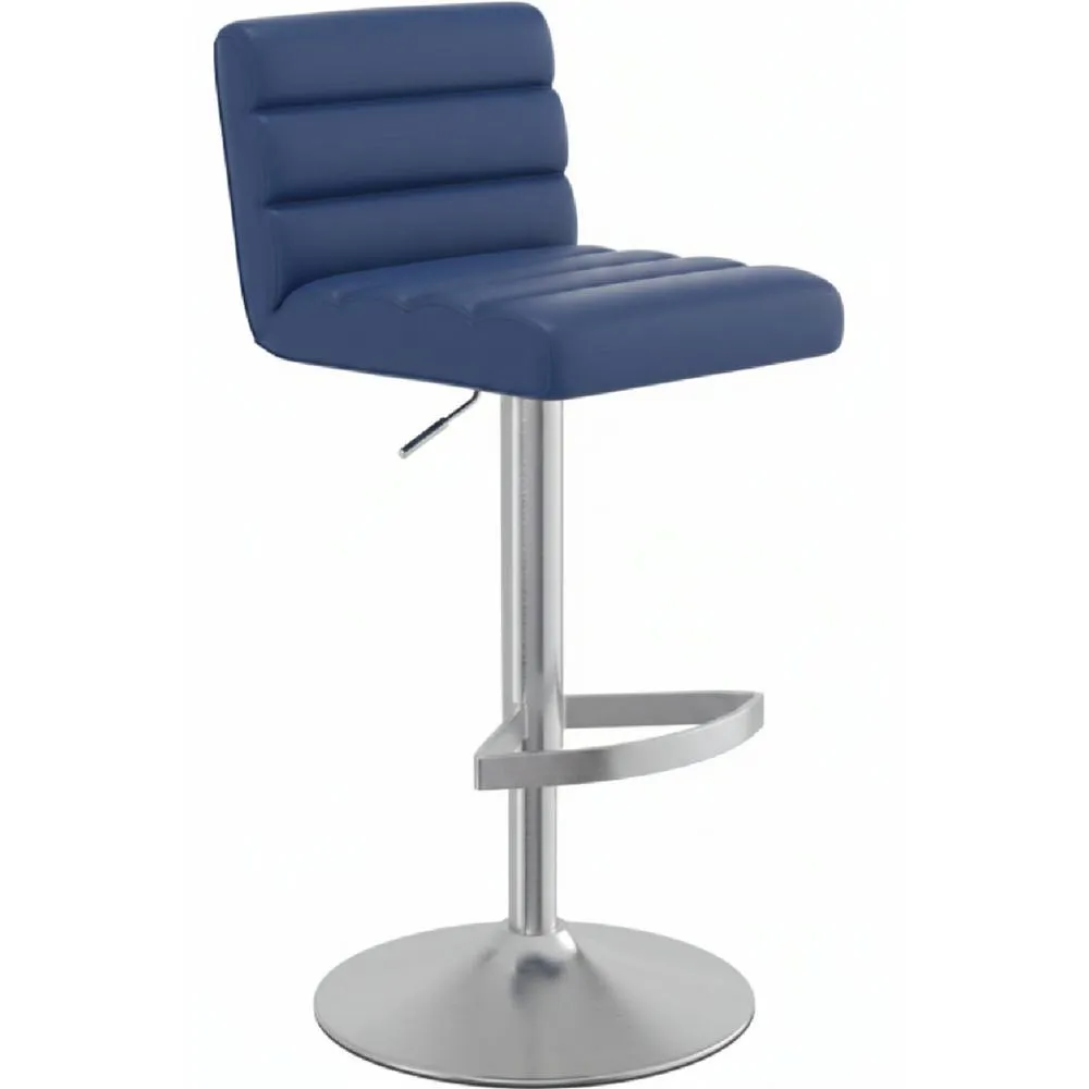 netfurniture Manitor Brushed Steel Kitchen Bar Stool Faux Leather Ribbed Seat in Blue