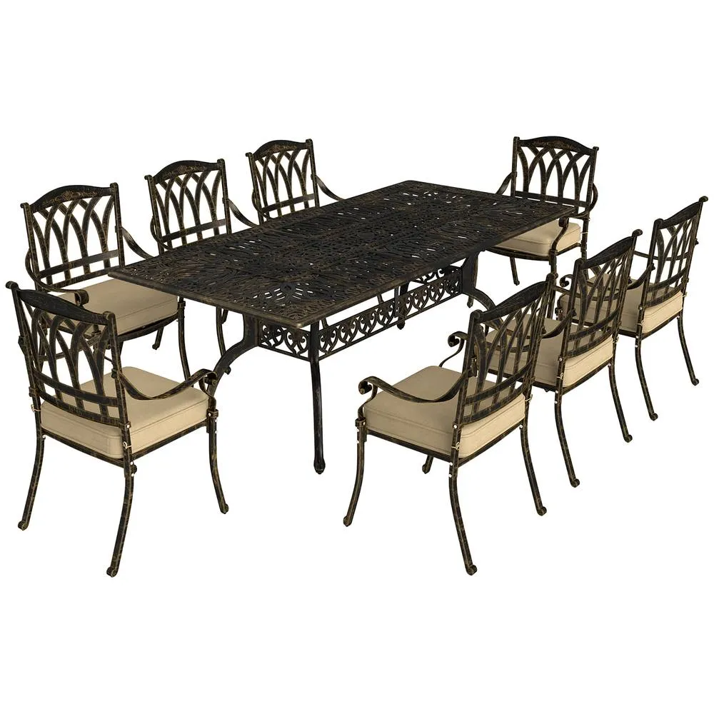 OUTSUNNY 9 Pieces Cast Aluminium Garden Dining Set with Parasol Hole, Bronze 2