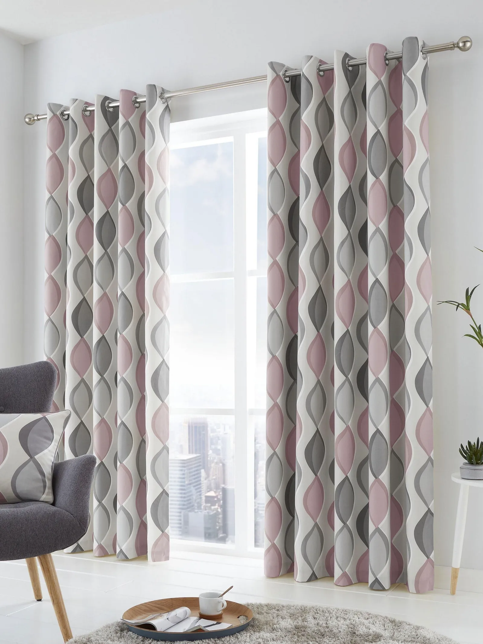 Fusion 'Lennox' Modern Geo Print Eyelet Curtains in Rose 1