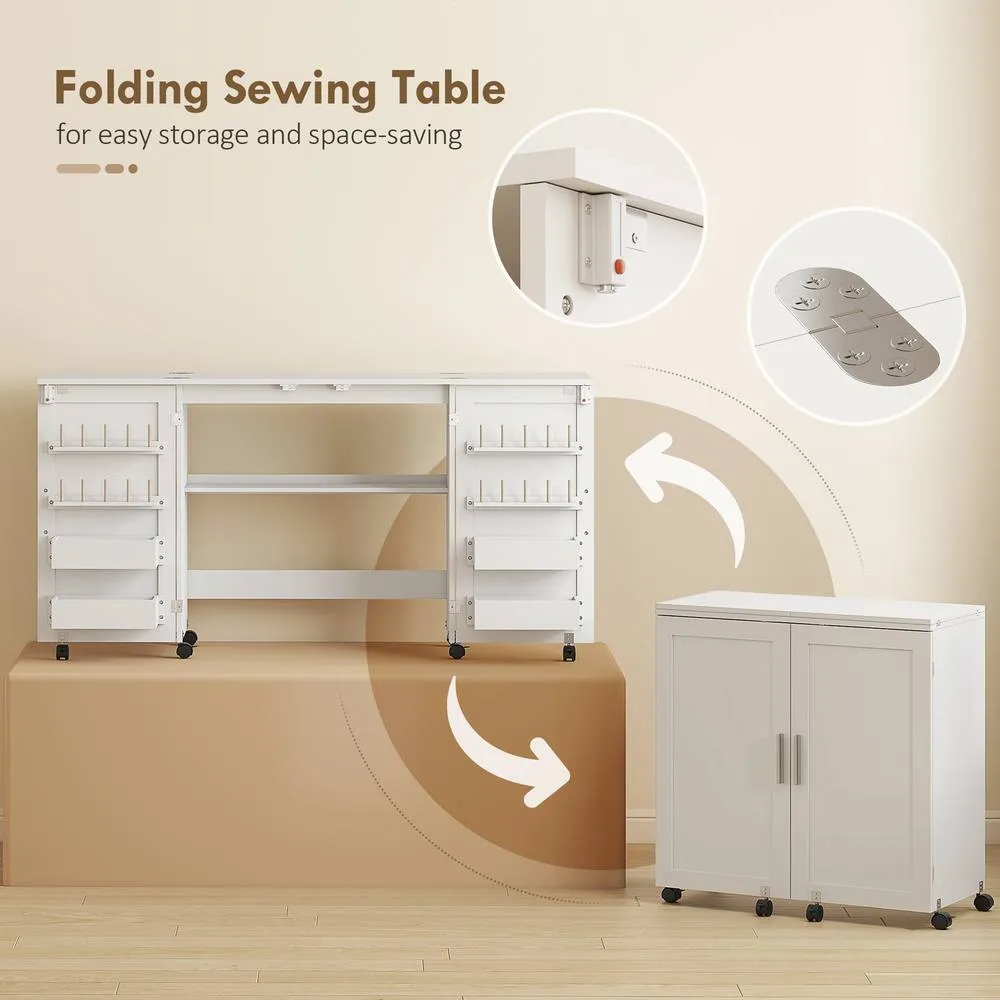 HOMCOM Folding Sewing Table with 2 Magnetic Doors, Storage Shelf, White 4