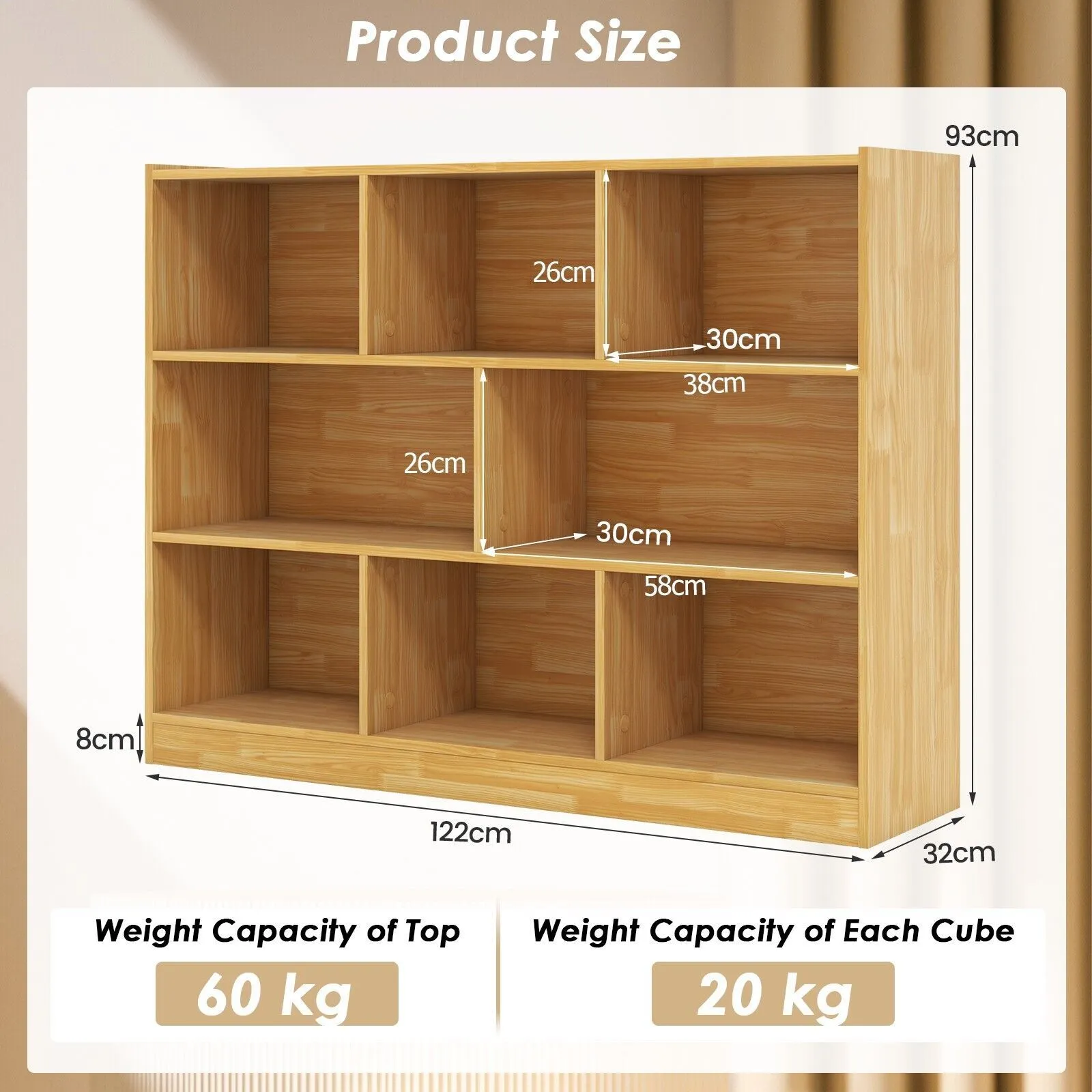 Costway Wood Storage Cube Bookcase 3 Tier 8 Cube Open Shelf Storage Cabinet in Yellow 2