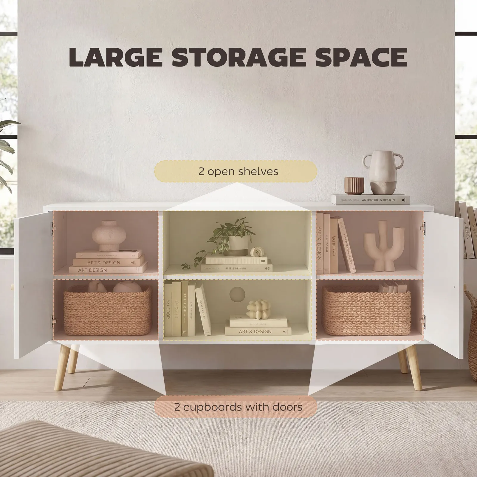 HOMCOM TV Stand Cabinet with Cable Management & Wood Legs Living Room in White 4