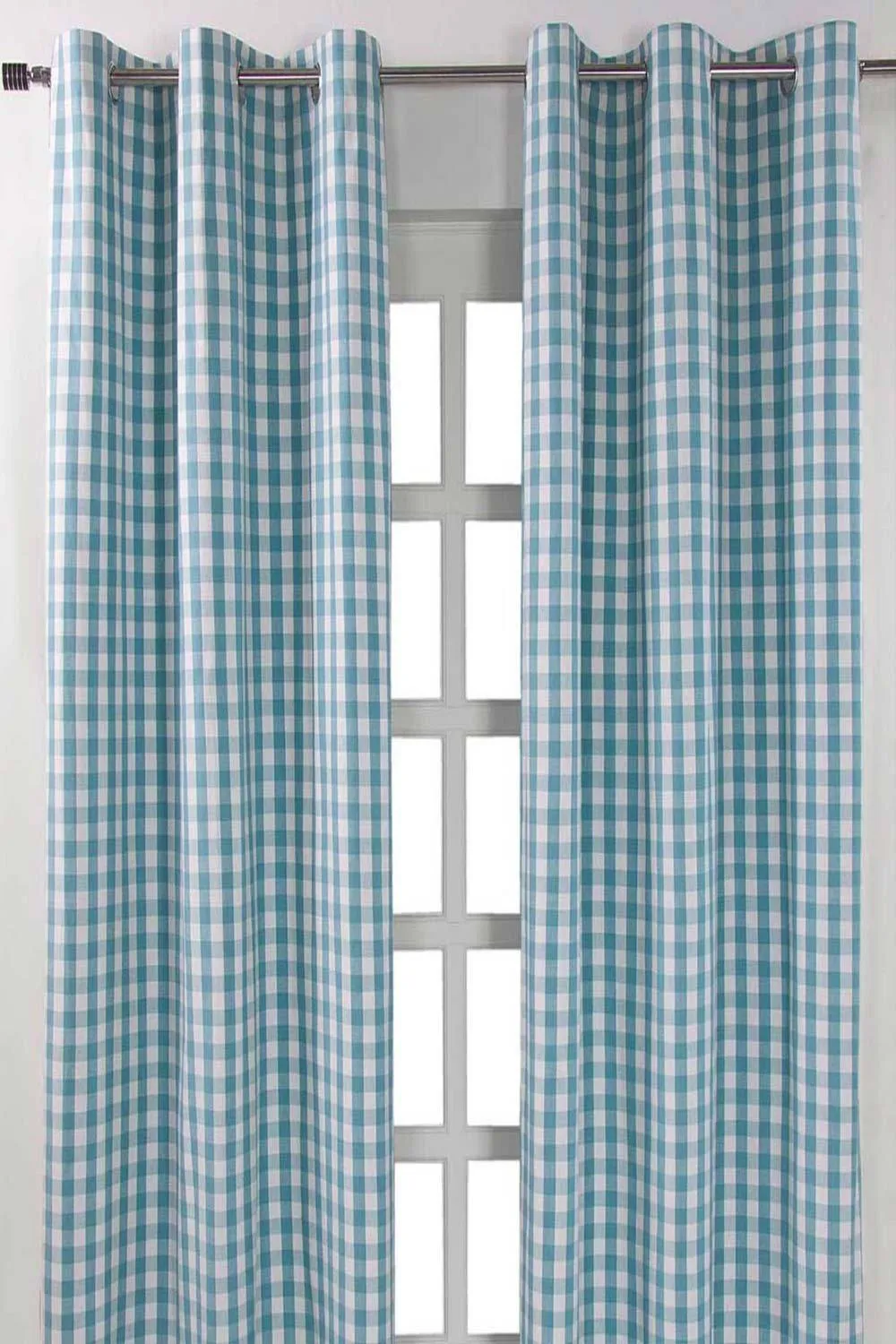 Homescapes Cotton Block Check Gingham Eyelet Curtain Pair in Blue