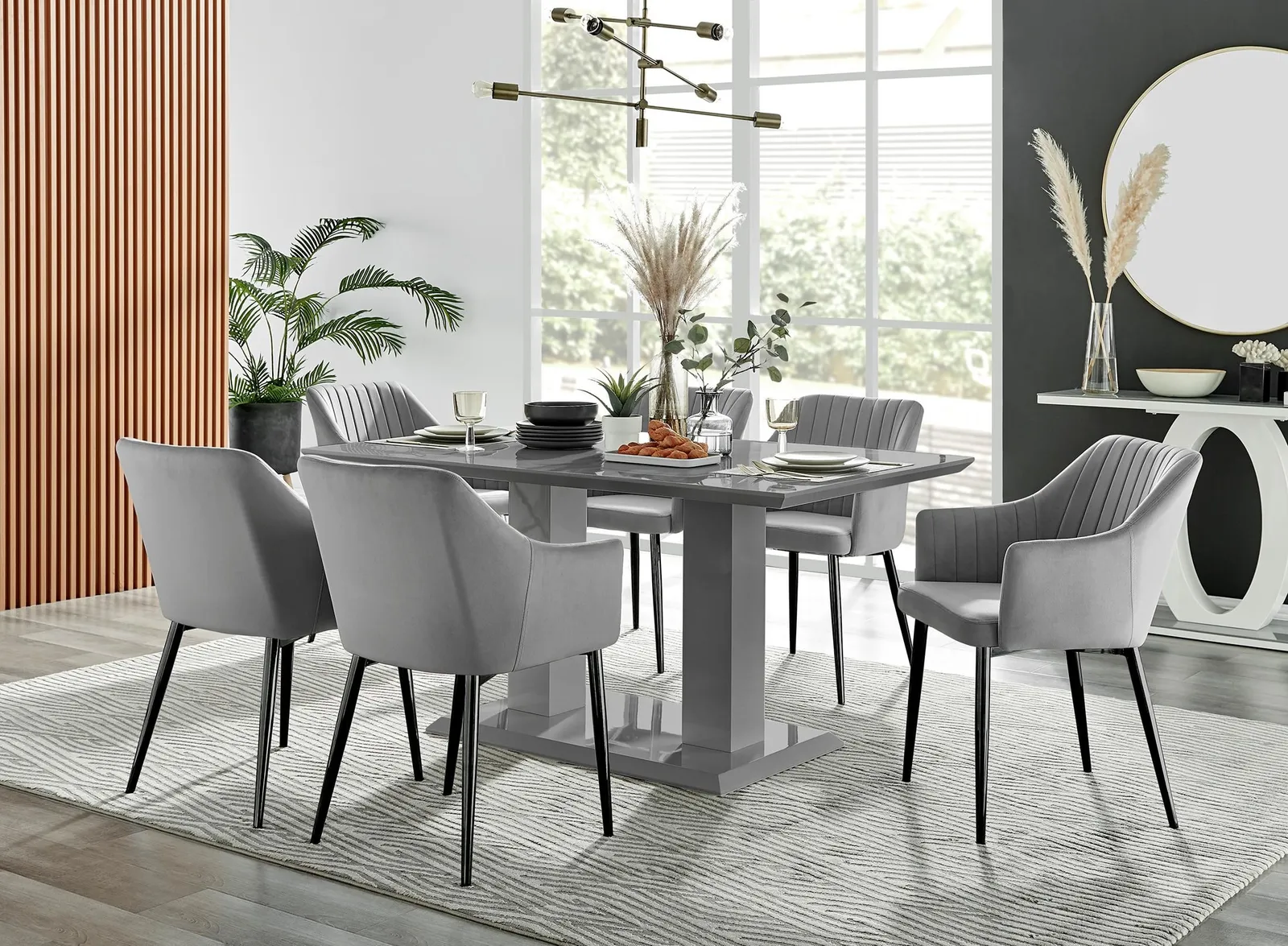 FurnitureboxUK Imperia High Gloss Grey Dining Table & 6 Calla Black Leg Chairs