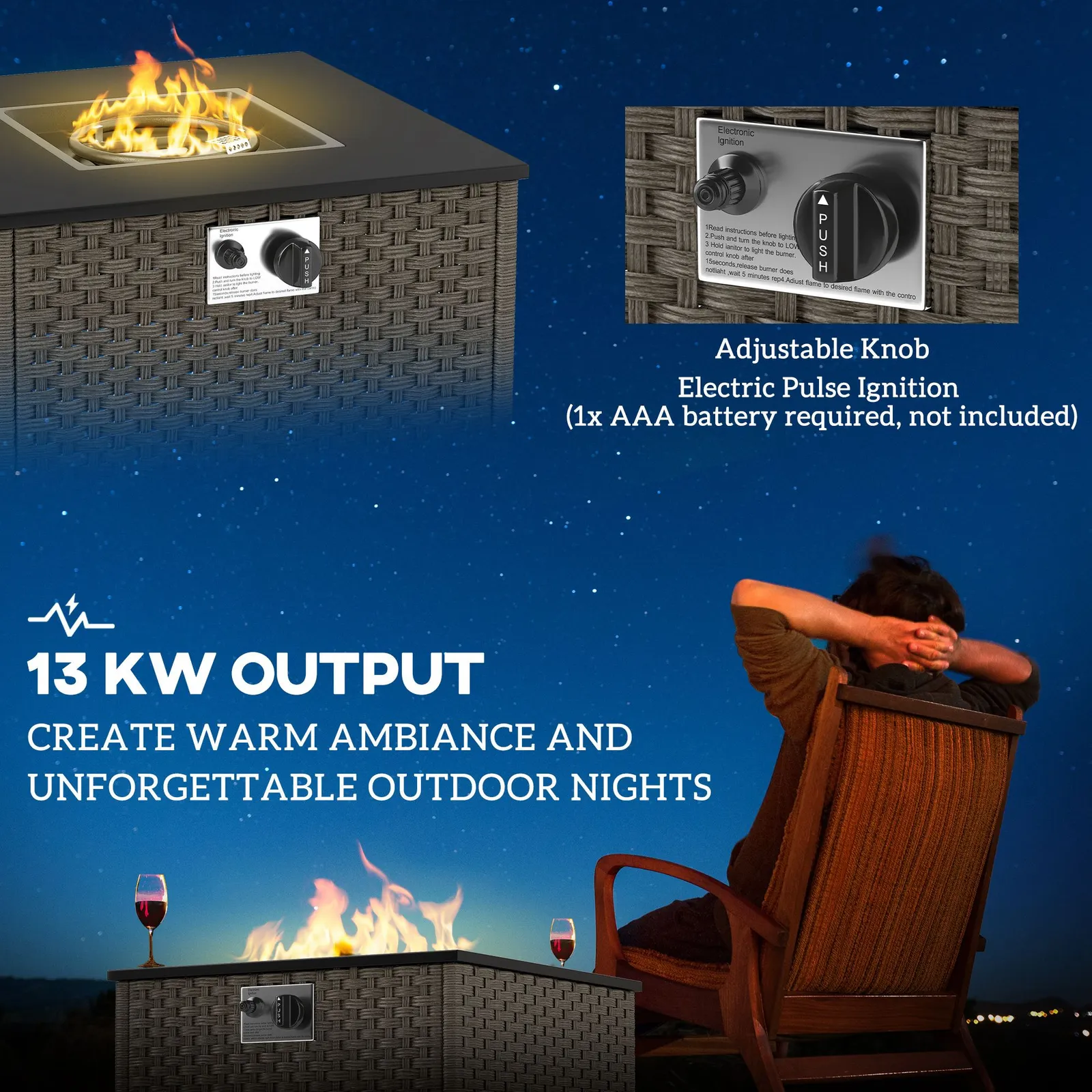 OUTSUNNY 13 KW Rattan Fire Pit Table, Garden Fire Table for Garden, Grey 6