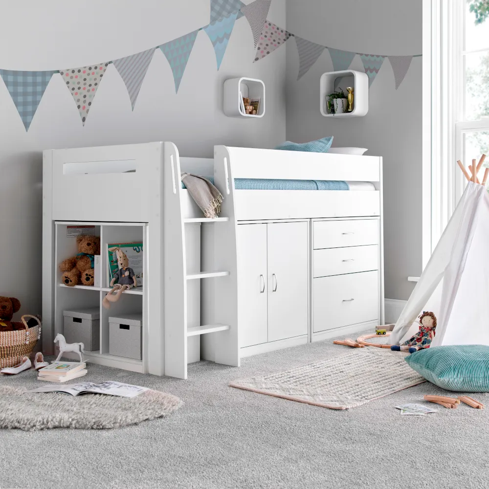 Lacy - Single - Storage Midsleeper Bed - White - Wooden - 3ft - Happy Beds 1