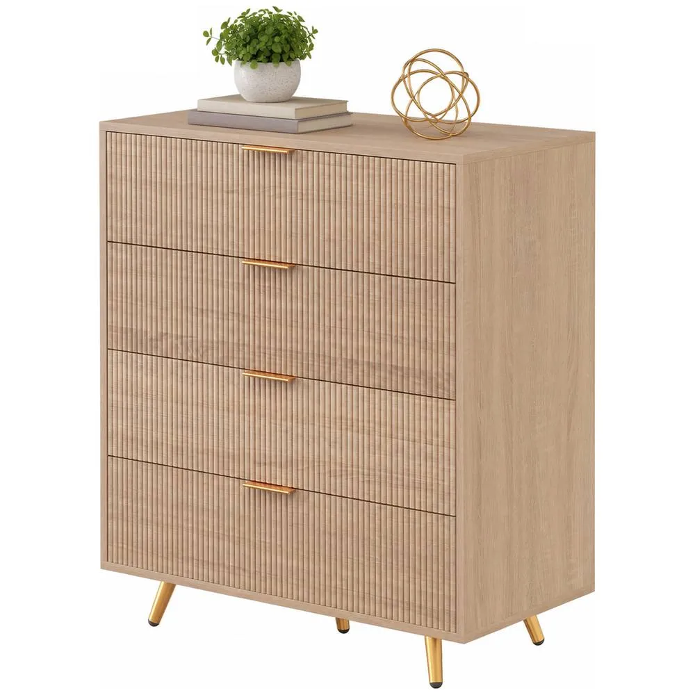 HOMCOM Bedroom Chest of Drawers with 4 Drawers & Gold-Tone Handles Natural