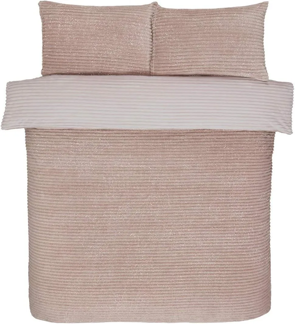 Smart Living Luxurious Reversible Sparkle Ribbed Fleece Duvet Cover with Pillowcases in Pink 4