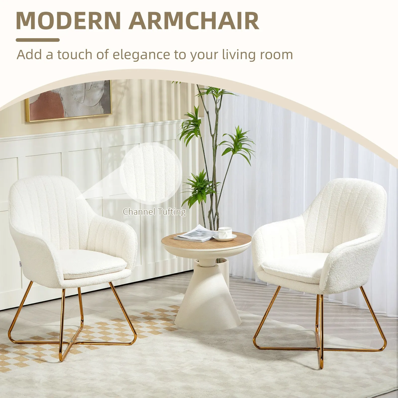 HOMCOM Dining Chair Set of 2, Boucle Armchair with Steel Legs, Cream 4