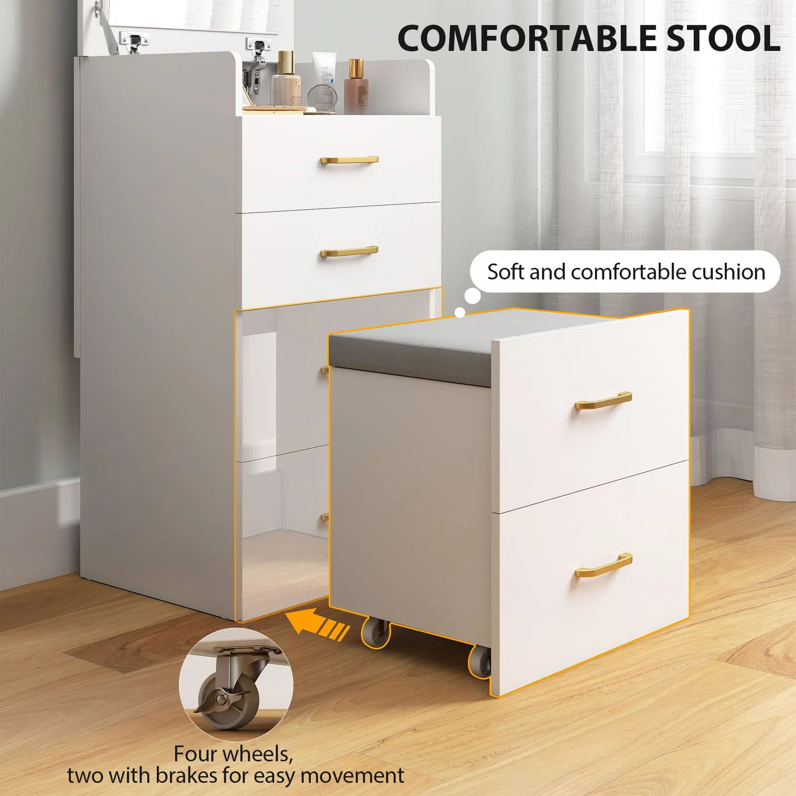 HOMCOM Two-Piece Dressing Table Vanity Desk with Mirror & Cushioned Stool in White 6