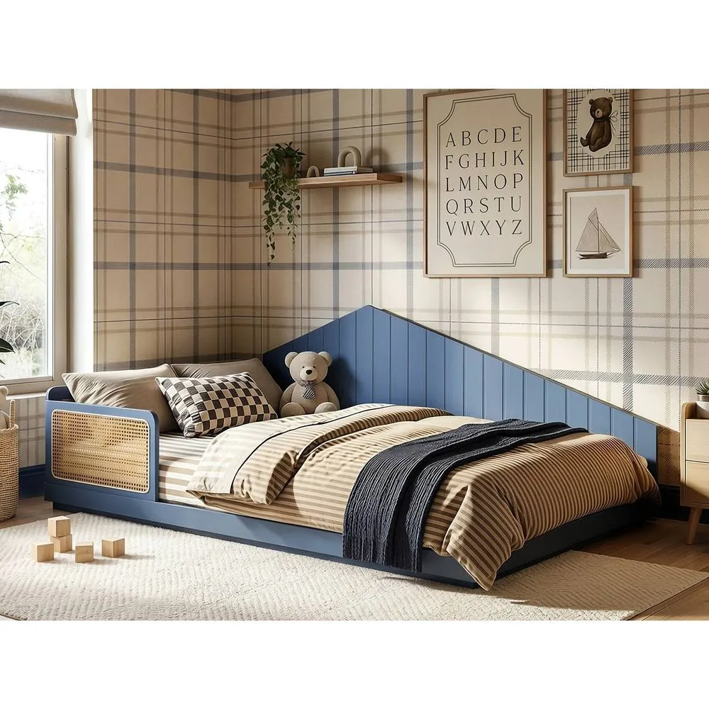 Flair Carter Small Double Montessori Bed with Rattan Panels Navy 2